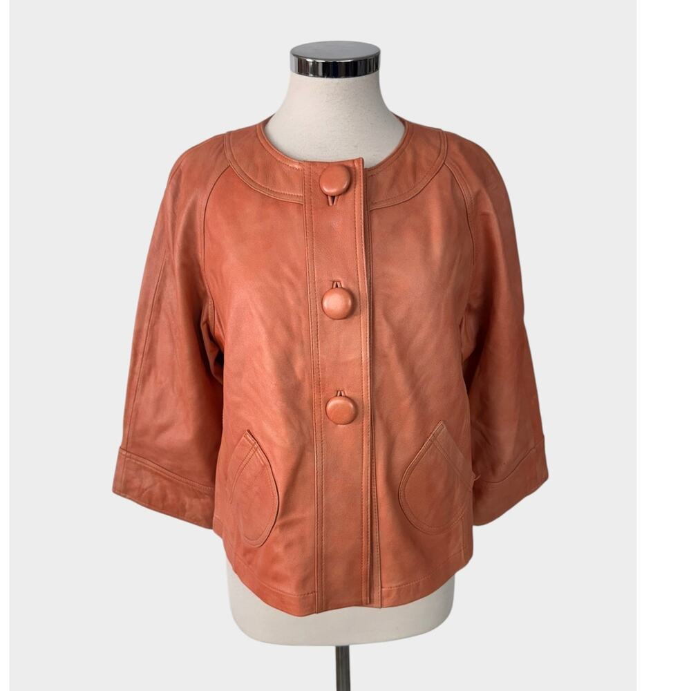 Chico's Womens Size 2 Large Peach Cropped 100% Leather Jacket Round Buttons